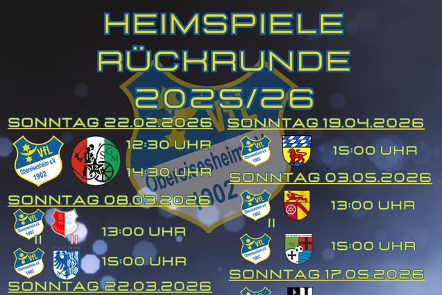 Tabelle mit Heimspeilen der Saison 2025/26, terminiert nach Datum und Uhrzeit. Im Hintergrund eine Rasenfl&auml;che.
