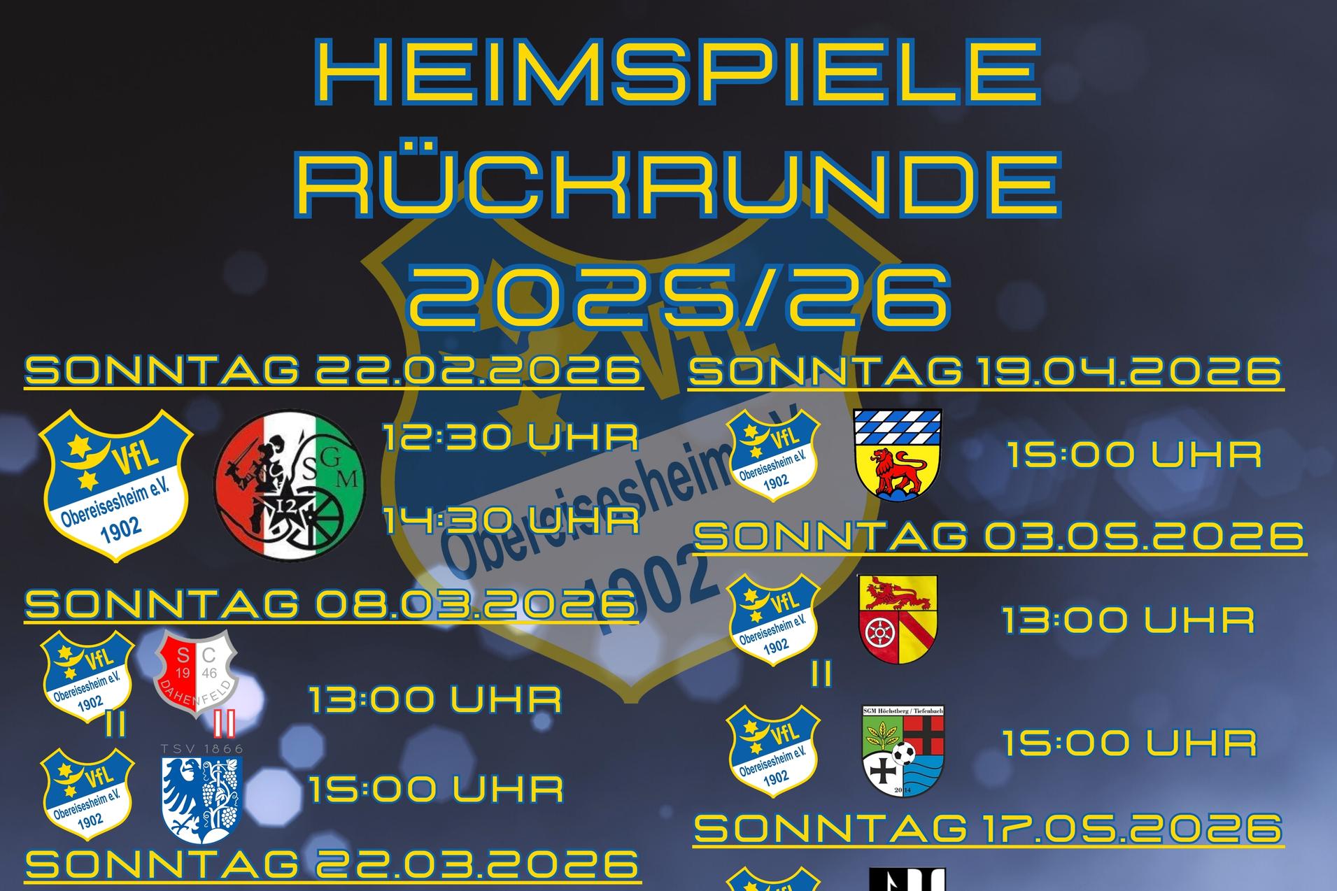 Tabelle mit Heimspeilen der Saison 2025/26, terminiert nach Datum und Uhrzeit. Im Hintergrund eine Rasenfl&auml;che.