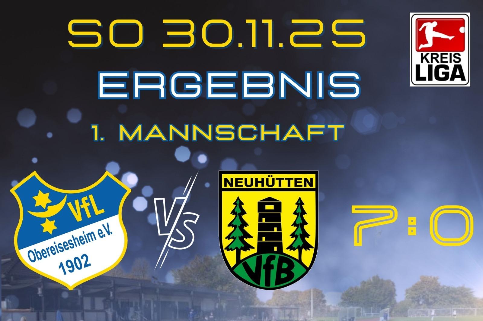 Ergebnisanzeige eines Fußballspiels: VfL Obereisesheim vs. VfB Neu-hütten, Endstand 0:1, Kreis Liga.
