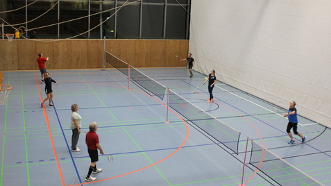In einer Sporthalle spielen mehrere Personen Badminton auf einer blauen Spielfl&auml;che mit Linienmarkierungen.
