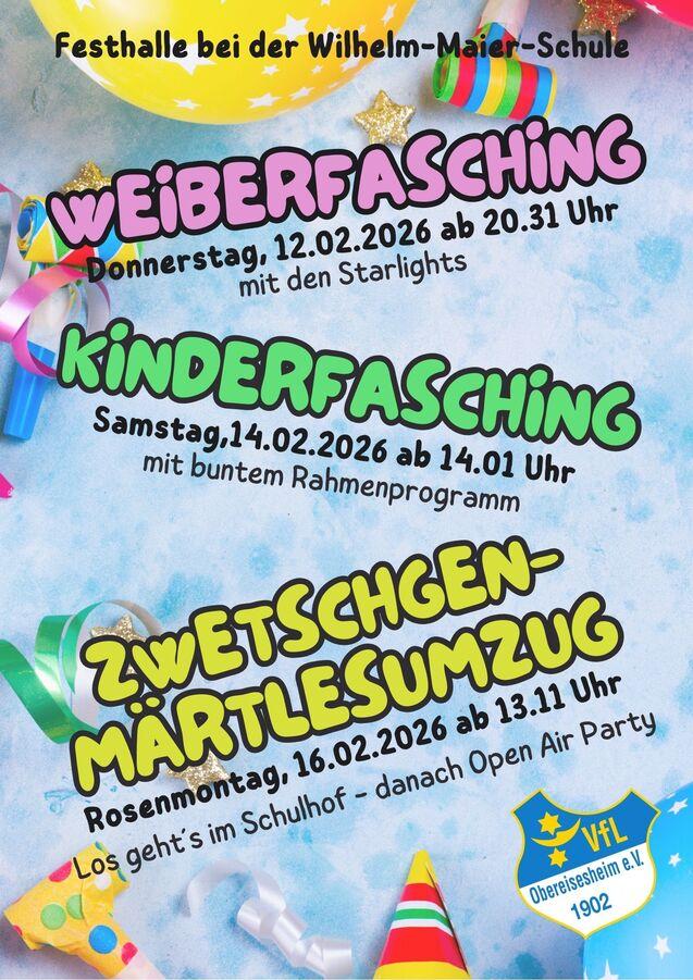 Bunt gestaltetes Veranstaltungsplakat mit Informationen zu Weiberfasching, Kinderfasching und Zwetschgenm&auml;rzlesumzug.