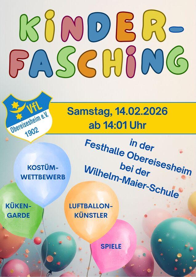 Bunt gestaltetes Plakat f&uuml;r den Kinderfasching mit Informationen zu Datum, Uhrzeit und Aktivit&auml;ten wie Kost&uuml;mwettbewerb und Spiele.