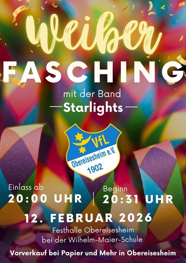 Plakat f&uuml;r Weiberfastnacht mit Veranstaltungshinweisen und Bandlogo der Starlights in buntem, festlichem Design.