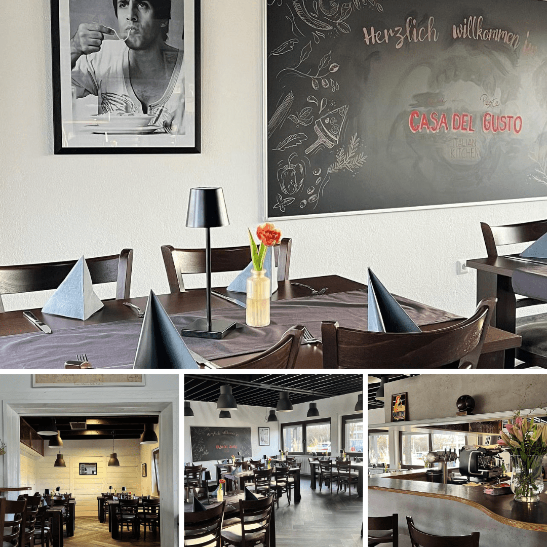 Innenansicht eines Restaurants mit gedeckten Tischen, Wandgem&auml;lde, Schwarz-Wei&szlig;-Foto und Blumenarrangements.