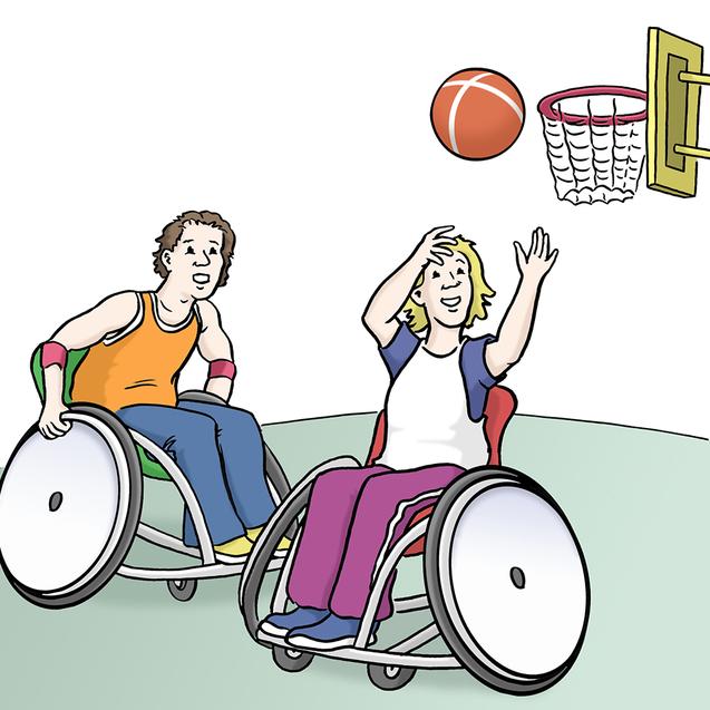 Zwei Personen in Rollst&uuml;hlen spielen Basketball, w&auml;hrend ein Ball in Richtung Korb geworfen wird.