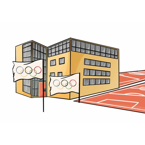 Illustration eines modernen Geb&auml;udes mit olympischen Flaggen und einem Sportplatz in der N&auml;he.